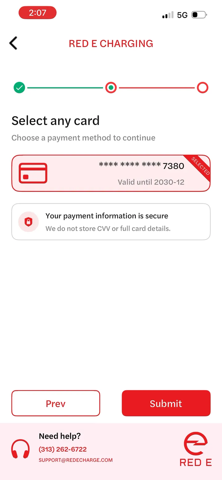 Select the card to use for Red E Go sessions, then tap Submit.
