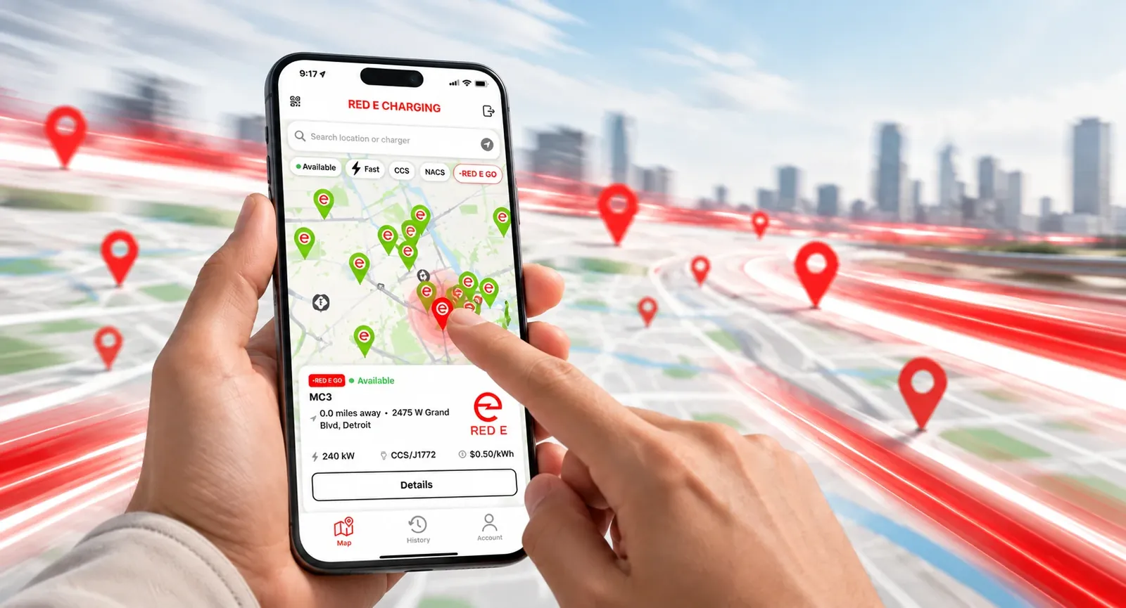 Driver using the Red E app map to find a Red E Go charging station